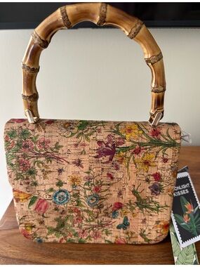 NWT Haute Hippie Style Whispy Floral Cork Handbag – Bamboo Handle & Gold Chain